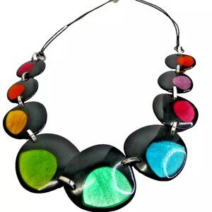 Abalone Shell Rainbow Necklace 26" Vintage Black Celtic Moon 90s Graduated Retro